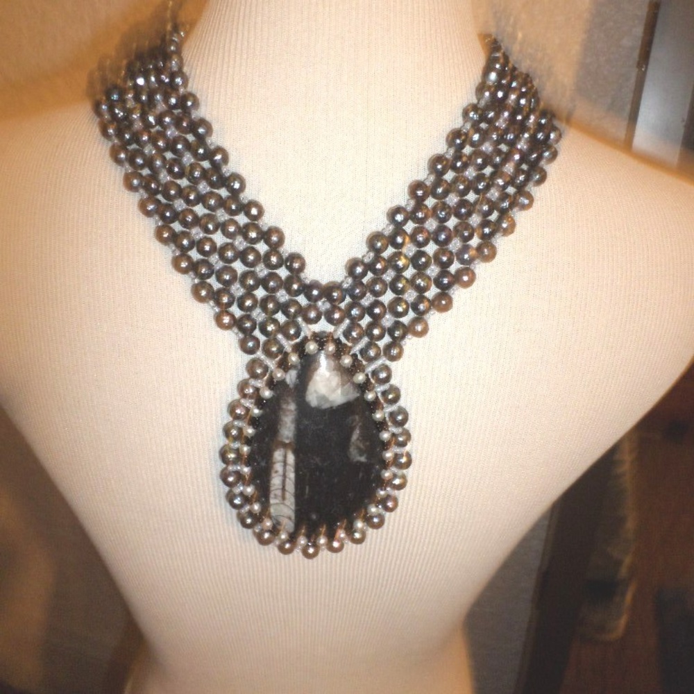 Black Stone Silver Beaded Statement Necklace - image 1